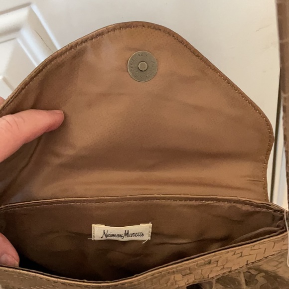 Neiman Marcus bronze/gold vinyl crossbody purse. - Picture 4 of 7